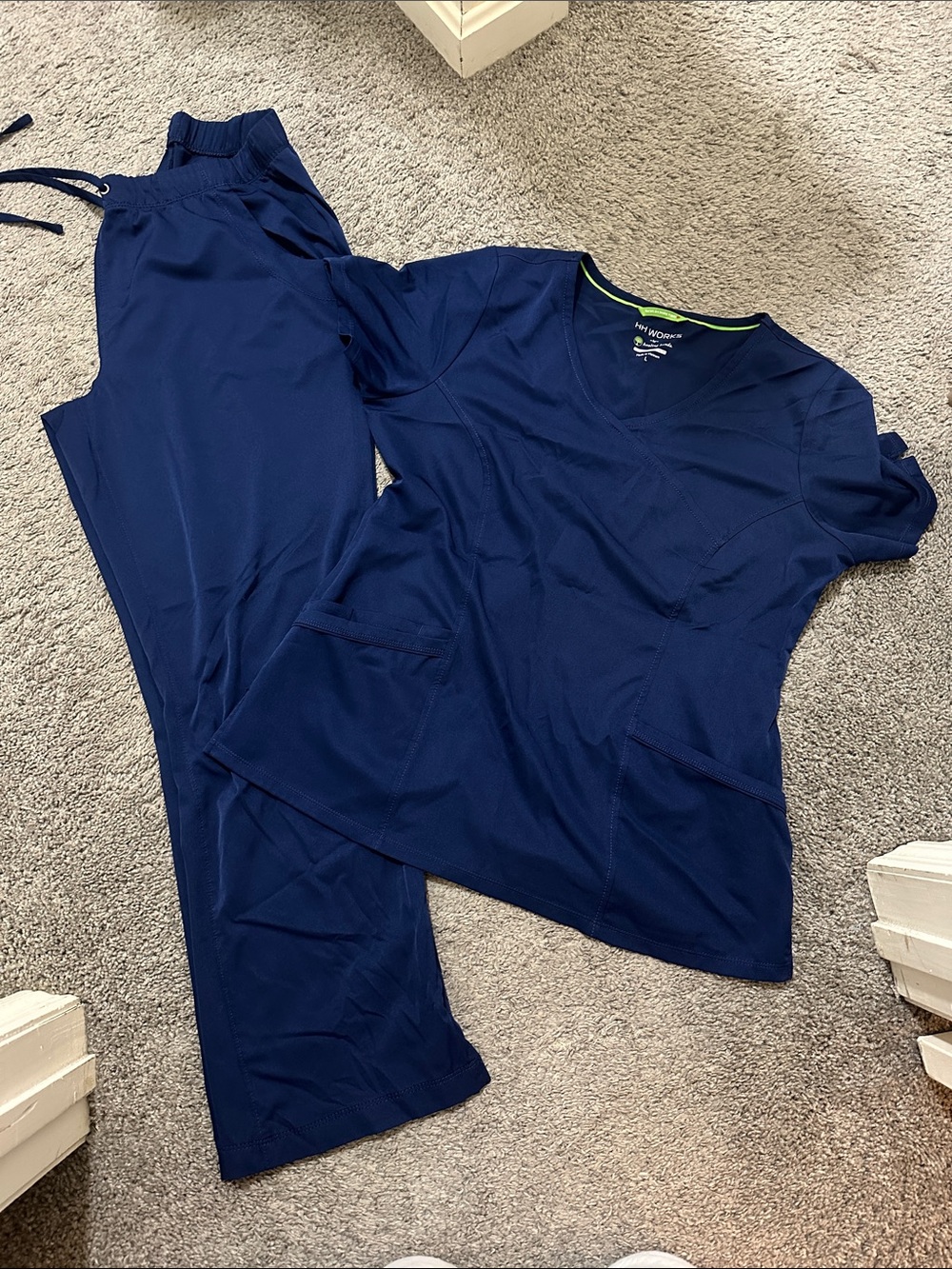 healing hands Navy Blue Women's Scrub Set - V-Neck Top & Drawstring Pants